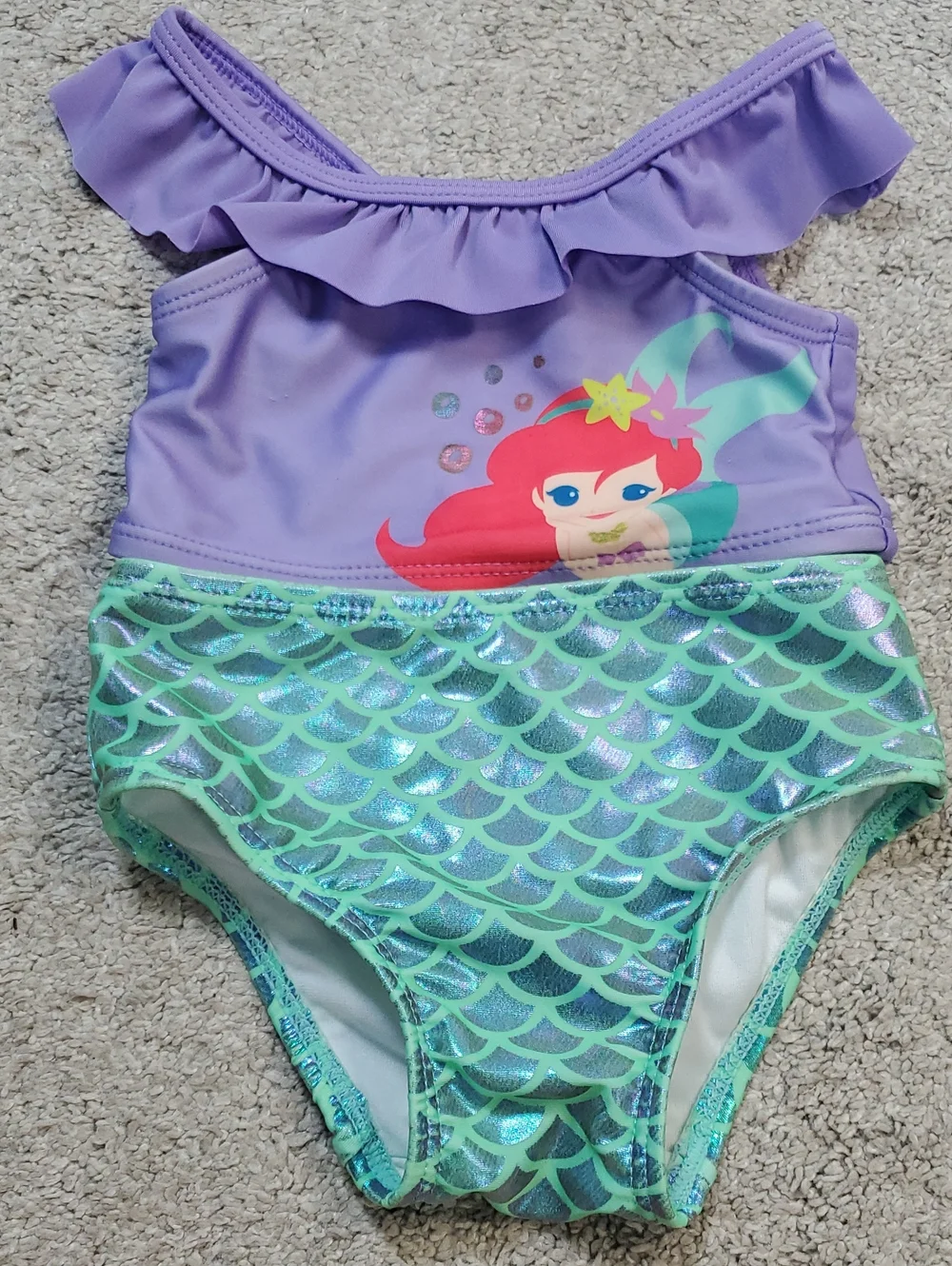 Infant Girls Coral Flamingo Ruffle & Purple Mermaid 2-Piece Swimsuits. 3-6 & 6-9